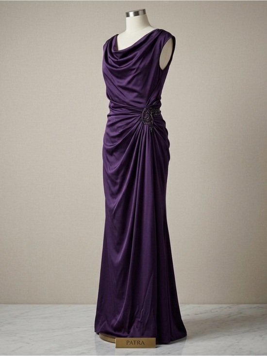 Patra Dresses & Skirts - Patra Purple Satin Cowl Neck Beaded Ruched Evening Gown Size 14